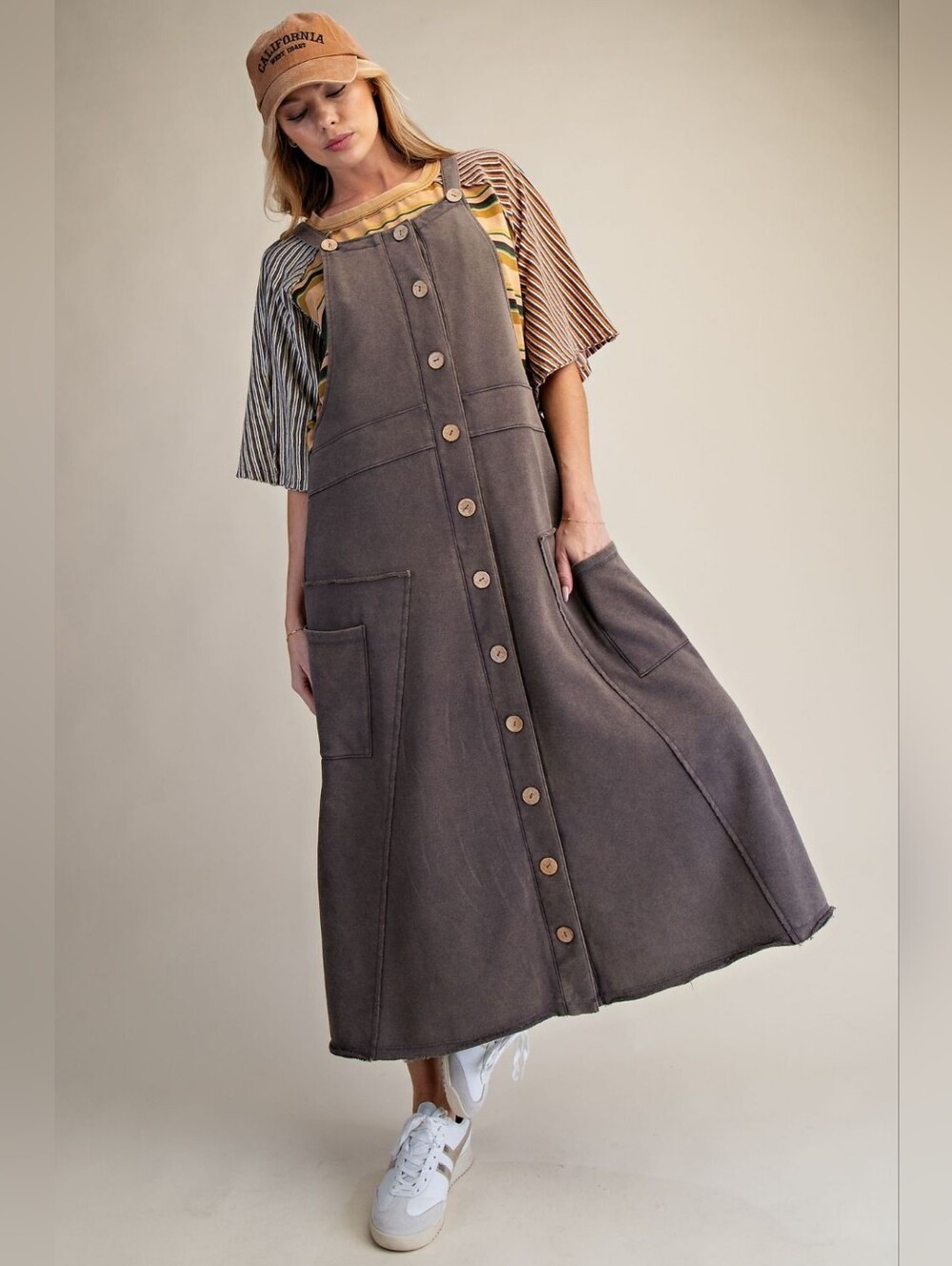 1-0824 Easel Washed Charcoal Button-Front Pinafore Overall Dress